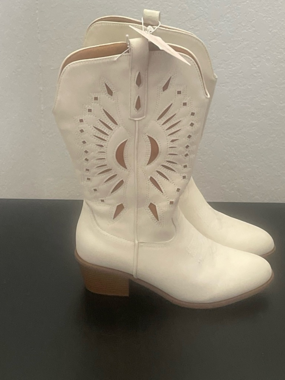 Women's White Mid-Calf Western Cutout Heeled Boots